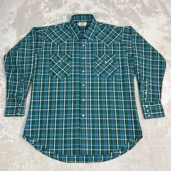 VTG Rudduck Shirt Mens XL Green Plaid Pearl Snap Long Sleeve Rodeo Western Farm - Picture 1 of 9